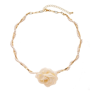 Floral fabric rose choker with imitation pearls and golden geometric chain design