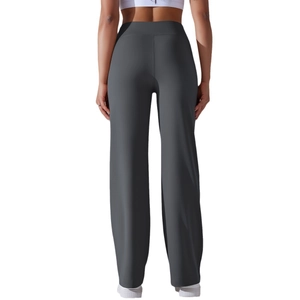 High-waisted dark grey wide leg yoga pants with side pockets for fitness and lounging