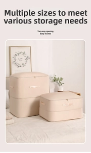 Detailed view of beige satin storage bags with reinforced handles and zipper closure