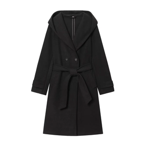 Women's black hooded coat with double-breasted buttons and matching waist belt