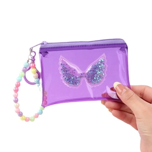 Purple transparent PVC wing coin purse with star sequins and colorful beaded bracelet