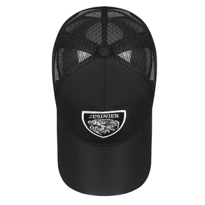 Black mesh trucker hat with lion head embroidery and Jesinier logo for sun protection