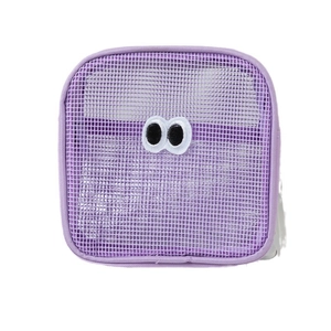 Purple mesh cosmetic bag with cartoon eyes embroidery and secure zipper closure