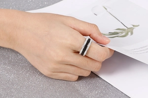 Detail view of a rose gold stainless steel ring with black ceramic and white zircons