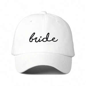Adjustable white cotton baseball cap for women with black Bride embroidery on the front
