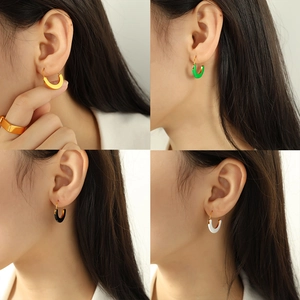 French enamel geometric U-shape hoop earrings in gold, green, black and white finishes