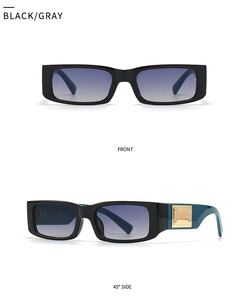 Macro detail of modern narrow square sunglasses featuring gold metal hardware and gradient lenses