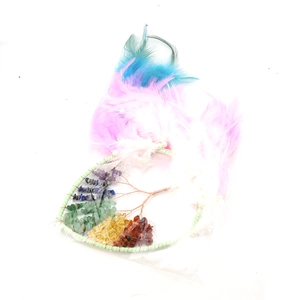 Colorful Tree of Life dreamcatcher with crystal stones and soft feathers in white background