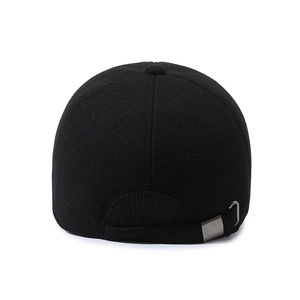 Men's winter baseball cap in black wool fabric with an adjustable metal back buckle