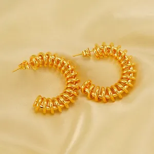 Vintage C Shape Spiral Spring Coil Hoop Earrings 18K Gold Plated Stainless Steel For Women Stylish Geometric