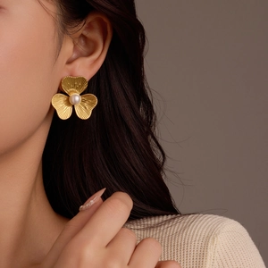 18K gold plated stainless steel petal stud earrings with white pearl center for women