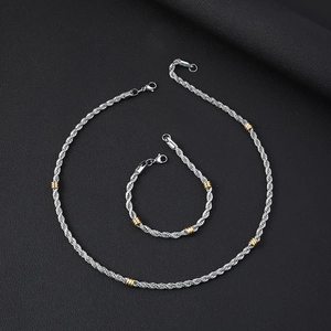 Minimalist 5mm stainless steel twist chain necklace and bracelet set with gold bead accents
