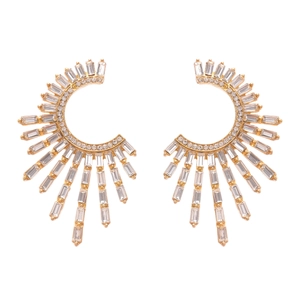 Luxury gold C-shaped earrings with sunburst geometric crystals and sparkling zircons