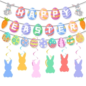 Easter decoration set featuring Happy Easter egg banner with colorful rabbits and spirals