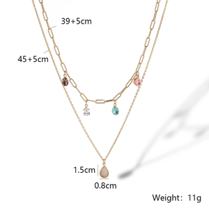 Detail of gold double-layer necklace with multicolor teardrop stones and measurements