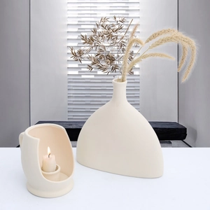 Nordic minimalist cream white ceramic vase and candle holder set for modern home decor