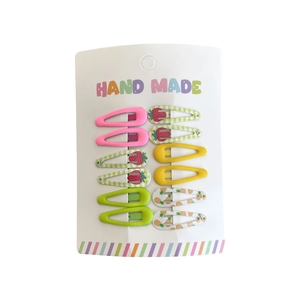 Set of 10 cute mini BB hair clips with colorful fruit prints for girls on card