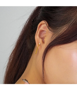 Detail of 925 sterling silver chain tassel earring with flower zircon on a model