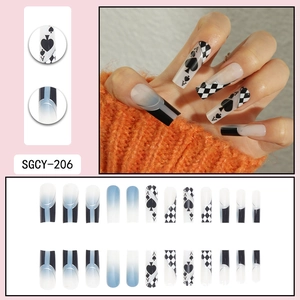French gradient press-on nails with Ace of Spades and checkered patterns in long coffin shape