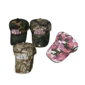 Retro camo baseball caps with 3D God’s Favorite embroidery in four distinct colors