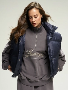 Women's dark blue padded vest and grey half-zip sweatshirt set with custom embroidery