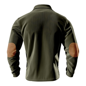 Detailed back view of men corduroy polo shirt featuring brown oval elbow patches