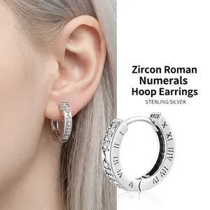 Men 925 Sterling Silver Hoop Earrings With Roman Numerals Cubic Zirconia Inlaid Hip Hop Vintage Minimalist Jewelry