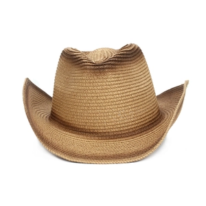 Detailaufnahme von braunem Cowboyhut aus Stroh mit feiner Textur und geschwungener Krempe