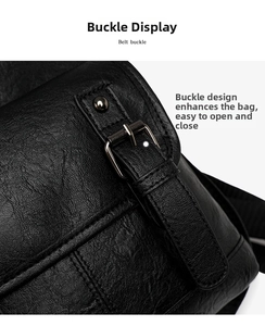 Detailed macro view of gunmetal buckle closure on black litchi texture leather backpack