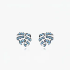 Monstera Leaf Stud Earrings With 925 Sterling Silver Earring Post Vintage Turquoise Inlay Tropical Style Jewelry For Women