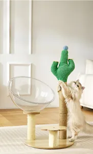 Detail view of transparent acrylic cat space capsule on cactus-shaped climbing tree