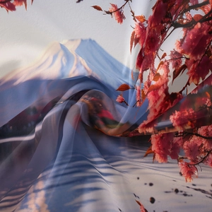 Macro detail of high-quality silk fabric texture with Mount Fuji and cherry blossom print