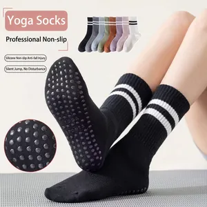 Anti-Slip Yoga Socks For Women Mid-Calf Pilates Fitness Exercise Socks With Silicone Grips Double Stripe Sporty Polyester