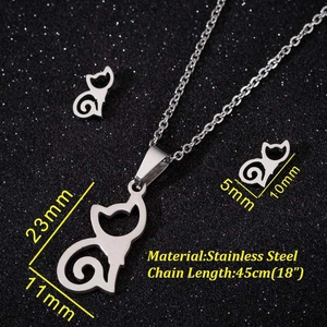 Minimalist cat silhouette jewelry set with pendant necklace and stud earrings in steel