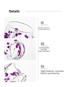Detail view of double-walled glass cup with dried purple flowers and ergonomic handle