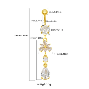 Dimensions détaillées du piercing de nombril doré avec fleur en zircon blanc et pendentif