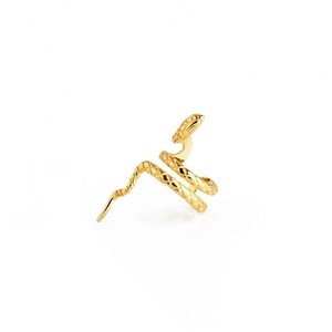 Macro detail of golden snake-shaped ear cuff with intricate diamond-grid texture