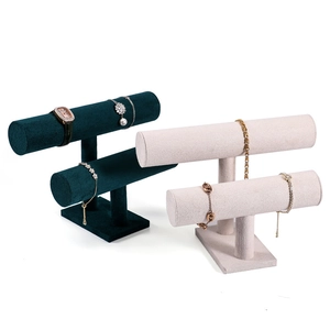 Double-tier velvet T-bar display stand for watches and bracelets in green and beige