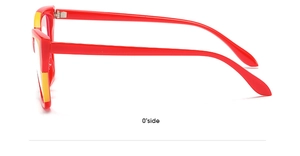 Side view of red cat-eye glasses frame showing temple structure and lens thickness
