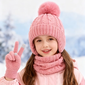 Pink cable knit winter set for kids including pom-pom hat, scarf, and touch gloves