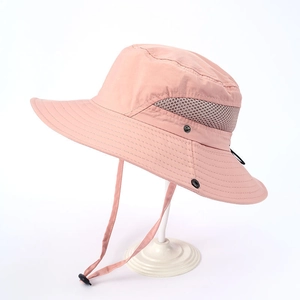 Pink wide brim outdoor sun hat detail featuring side mesh vents and adjustable wind rope