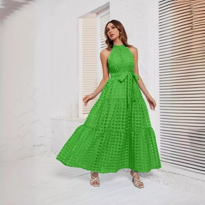 Bright green halter neck tiered maxi dress with grid texture and belted waist