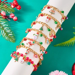 Christmas Charm Bracelet Alloy Enamel Santa Claus Reindeer Bell Adjustable Beaded Jewelry For Holiday Party Women