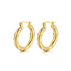 Polished gold-plated U-shaped stainless steel hoop earrings with inset zircon stones