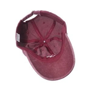 Detailed interior view of washed cotton baseball cap with adjustable strap and 100% cotton label