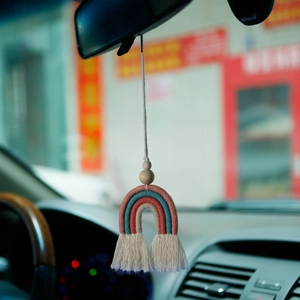 Hand Woven Rainbow Hanging Ornament Macrame Cotton Rope Wooden Beads Car Rearview Mirror Aromatherapy Diffuser Bohemian Style