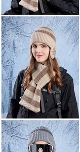 Dettaglio del set cappello e sciarpa in maglia invernale con motivi a fiocchi di neve