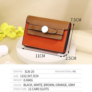 Orange and brown PU leather card holder wallet with 11 card slots and metal snap closure
