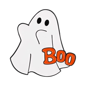 Detail of cute white ghost enamel pin with orange Boo lettering for Halloween