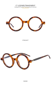 Detailed front and side view of round tortoise shell frame sunglasses with clear lenses